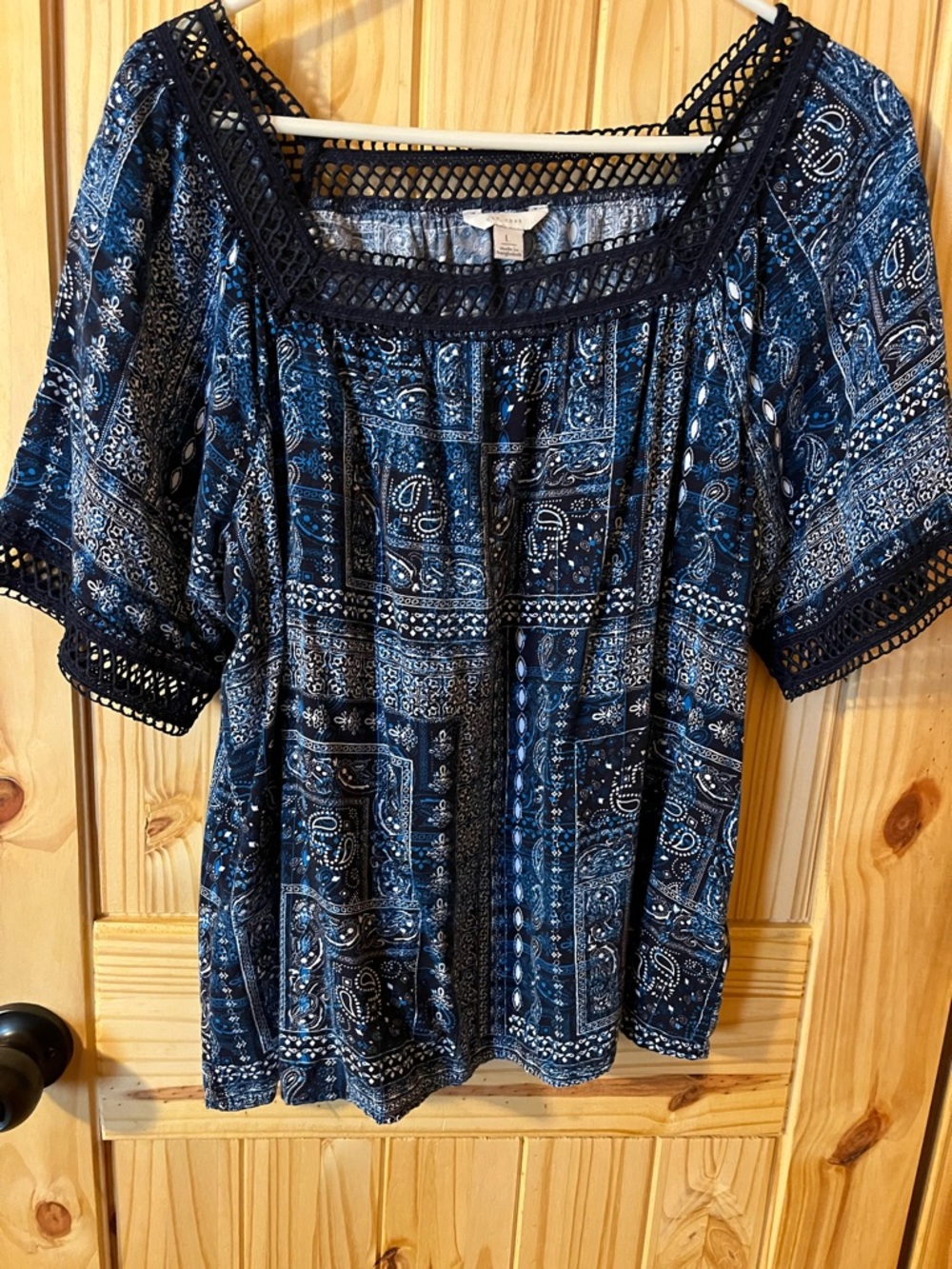 Crochet-Trim Blue Paisley Peasant Blouse